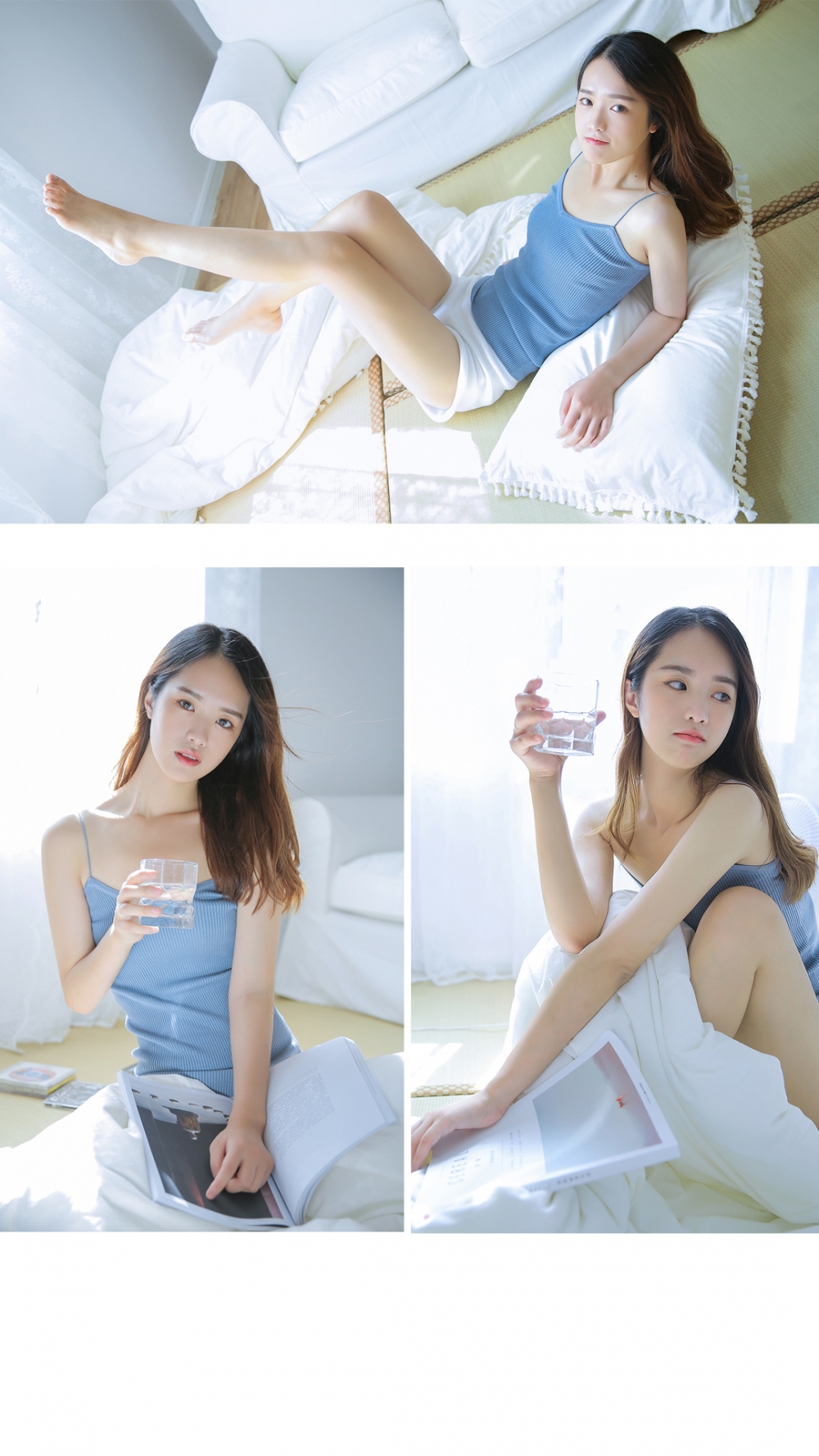 居家美女吊带短裤香肩美腿床上慵懒随性 居家美女吊带短裤香肩美腿床上慵懒随性